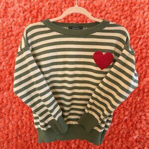 Simons Green & Cream Striped Sweater w/ Red Heart Patch 💚❤️